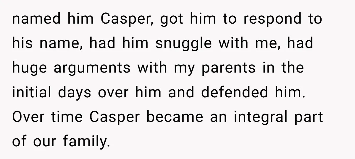 named him Casper, got him to respond to his name, had him snuggle with me, had huge arguments with my parents in the initial days over him and defended him....