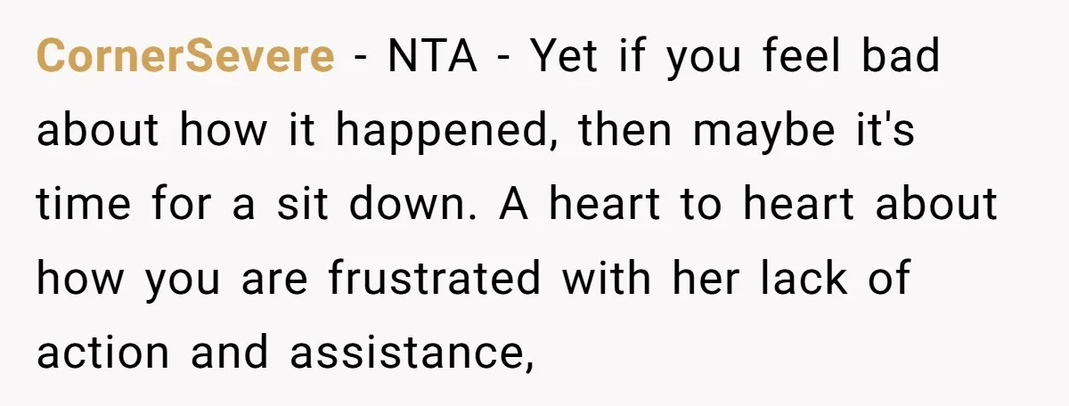 CornerSevere − NTA - Yet if you feel bad about how it happened, then maybe it's time for a sit down. A heart to heart about how you are frustrated...