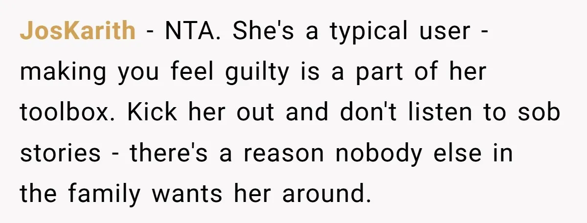 JosKarith − NTA. She's a typical user - making you feel guilty is a part of her toolbox. Kick her out and don't listen to sob stories - there's a...