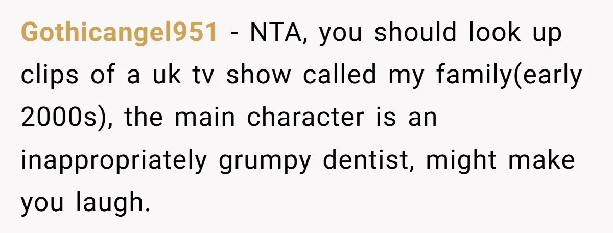 Gothicangel951 - NTA, you should look up clips of a uk tv show called my family(early 2000s), the main character is an inappropriately grumpy dentist, might make you laugh.
