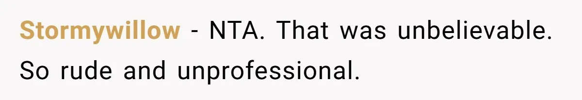 Stormywillow - NTA. That was unbelievable. So rude and unprofessional.