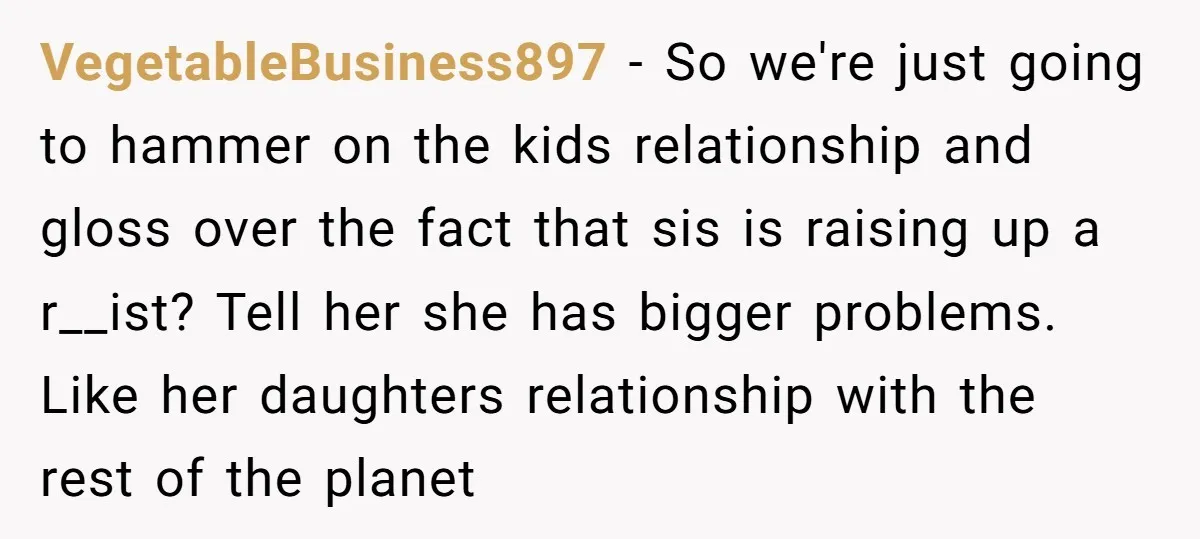 VegetableBusiness897 - So we're just going to hammer on the kids relationship and gloss over the fact that sis is raising up a r__ist? Tell her she has bigger problems....