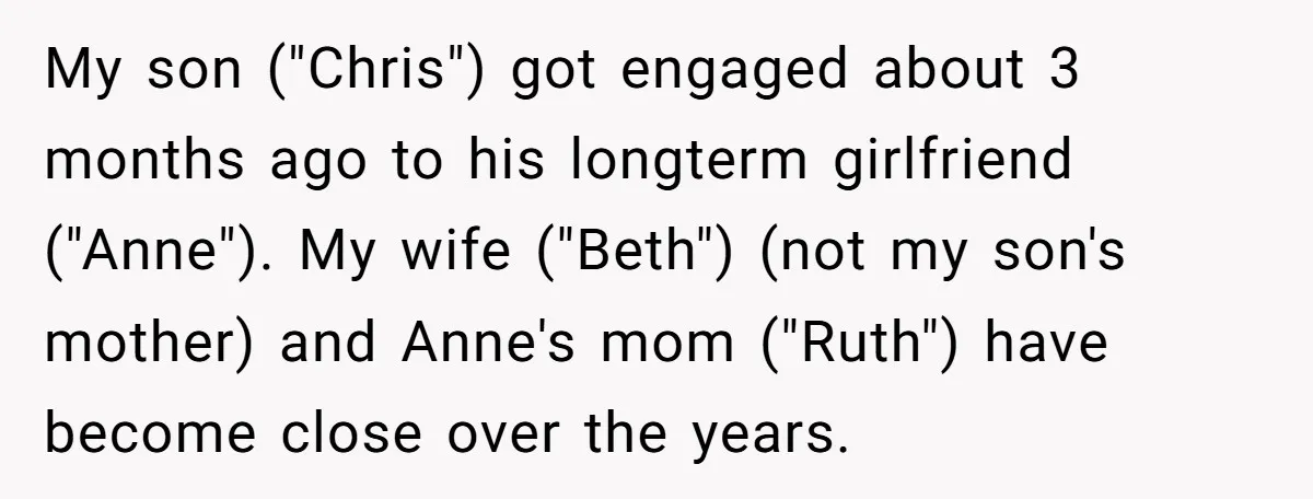 My son ("Chris") got engaged about 3 months ago to his longterm girlfriend ("Anne"). My wife ("Beth") (not my son's mother) and Anne's mom ("Ruth") have become close over the...