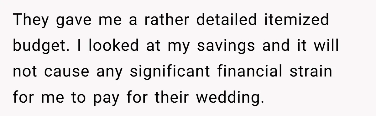 They gave me a rather detailed itemized budget. I looked at my savings and it will not cause any significant financial strain for me to pay for their wedding.