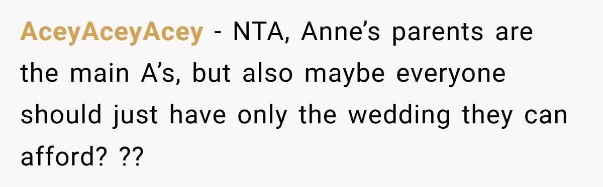 AceyAceyAcey − NTA, Anne’s parents are the main A’s, but also maybe everyone should just have only the wedding they can afford? ??