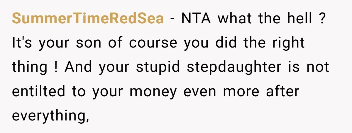 SummerTimeRedSea − NTA what the hell ? It's your son of course you did the right thing ! And your stupid stepdaughter is not entilted to your money even more...