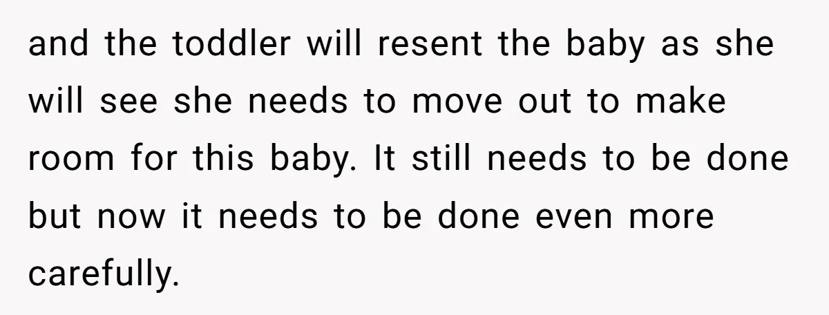 and the toddler will resent the baby as she will see she needs to move out to make room for this baby. It still needs to be done but now...