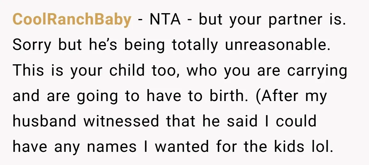 CoolRanchBaby − NTA - but your partner is. Sorry but he’s being totally unreasonable. This is your child too, who you are carrying and are going to have to birth....