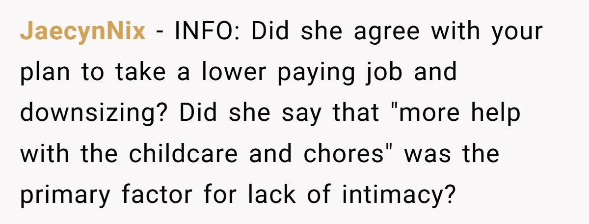 JaecynNix − INFO: Did she agree with your plan to take a lower paying job and downsizing? Did she say that "more help with the childcare and chores" was the...