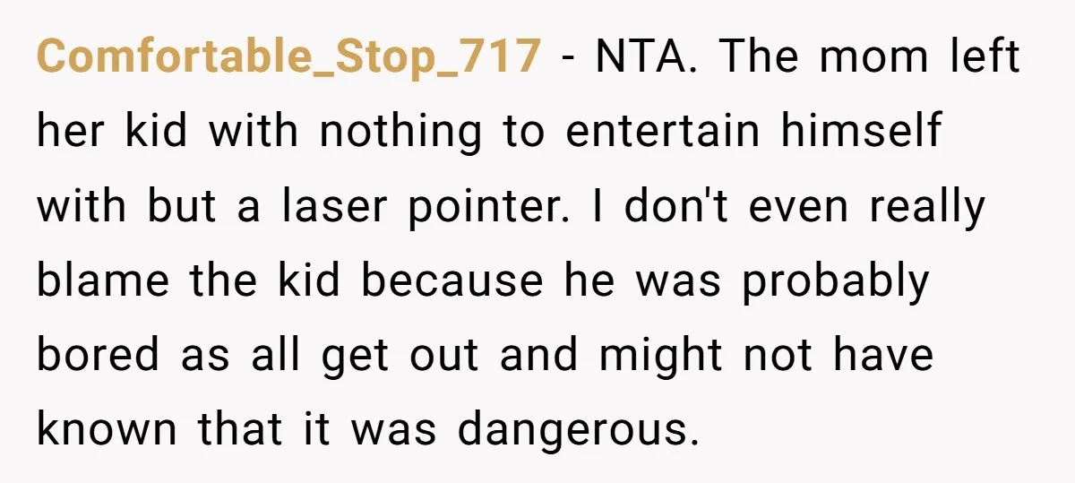 Comfortable_Stop_717 − NTA. The mom left her kid with nothing to entertain himself with but a laser pointer. I don't even really blame the kid because he was probably bored...