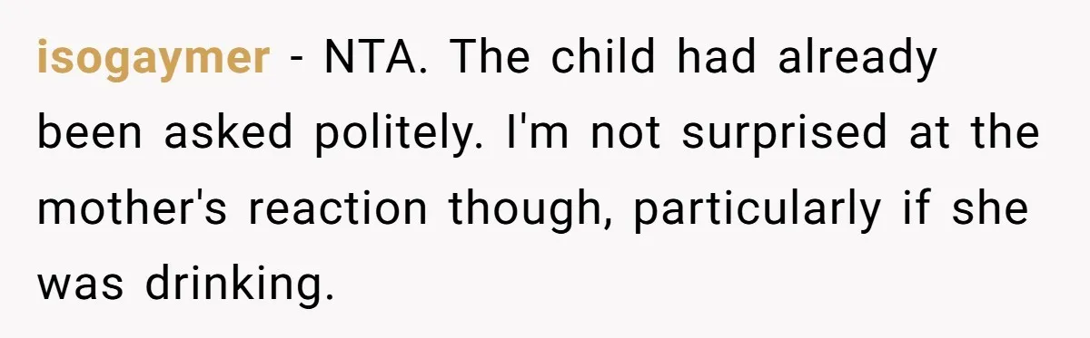 isogaymer − NTA. The child had already been asked politely. I'm not surprised at the mother's reaction though, particularly if she was drinking.