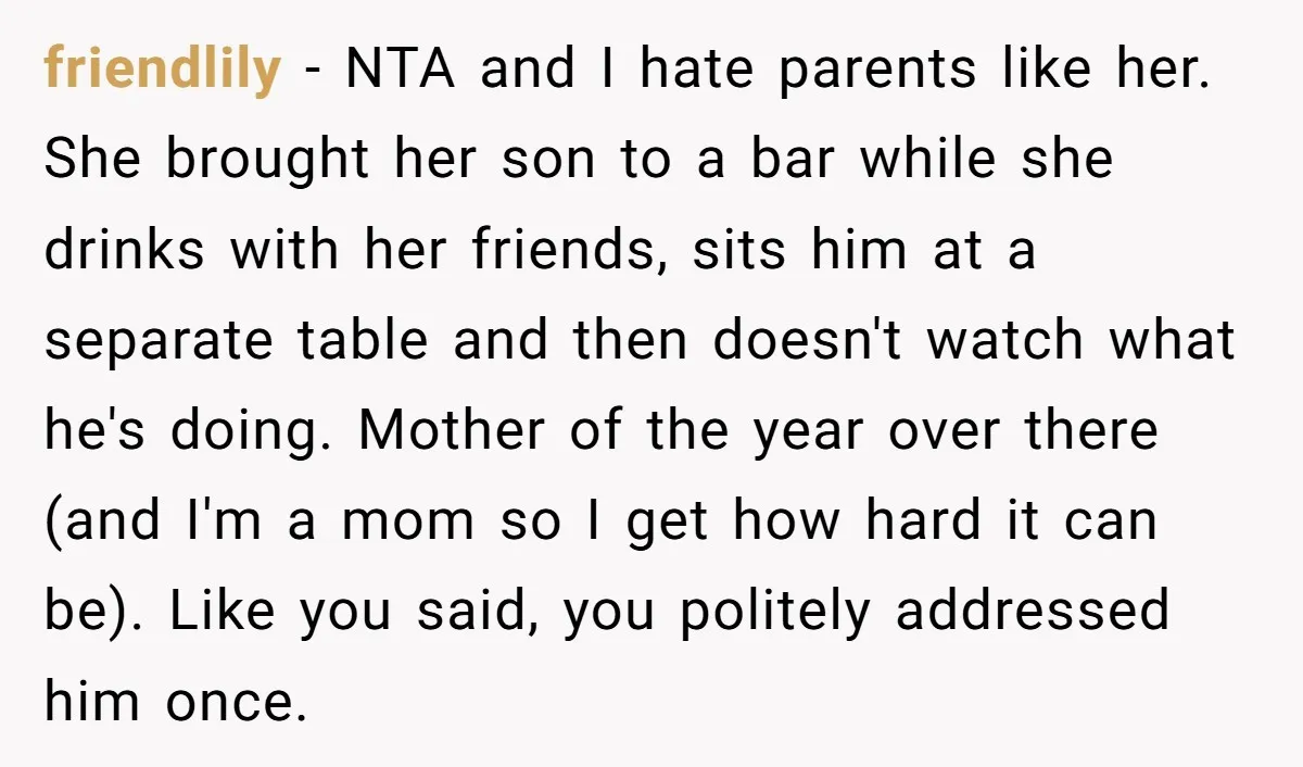 friendlily − NTA and I hate parents like her. She brought her son to a bar while she drinks with her friends, sits him at a separate table and then...