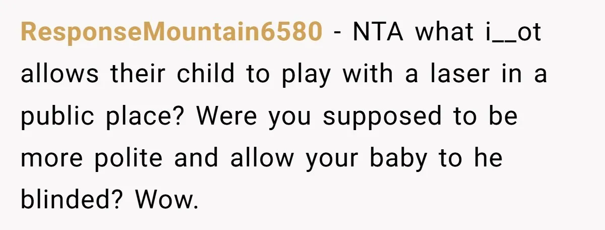ResponseMountain6580 − NTA what i__ot allows their child to play with a laser in a public place? Were you supposed to be more polite and allow your baby to he...