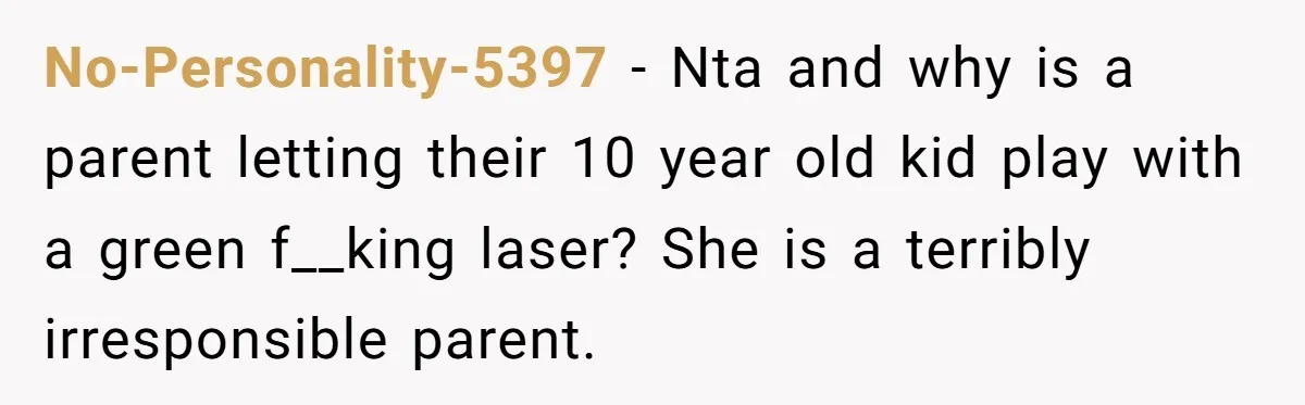 No-Personality-5397 − Nta and why is a parent letting their 10 year old kid play with a green f__king laser? She is a terribly irresponsible parent.