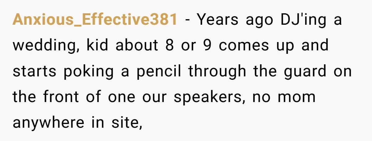 Anxious_Effective381 − Years ago DJ'ing a wedding, kid about 8 or 9 comes up and starts poking a pencil through the guard on the front of one our speakers, no...