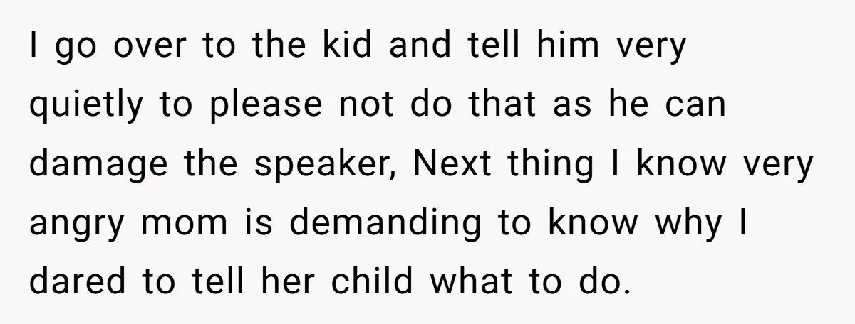 I go over to the kid and tell him very quietly to please not do that as he can damage the speaker, Next thing I know very angry mom is...