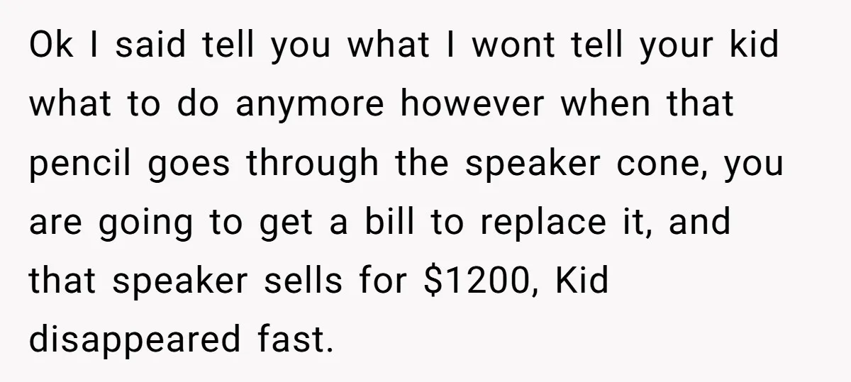 Ok I said tell you what I wont tell your kid what to do anymore however when that pencil goes through the speaker cone, you are going to get a...
