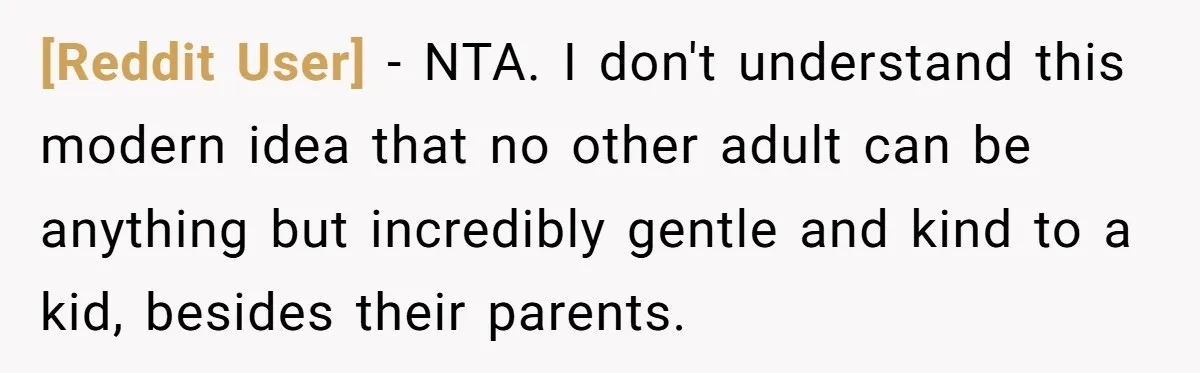 [Reddit User] − NTA. I don't understand this modern idea that no other adult can be anything but incredibly gentle and kind to a kid, besides their parents.