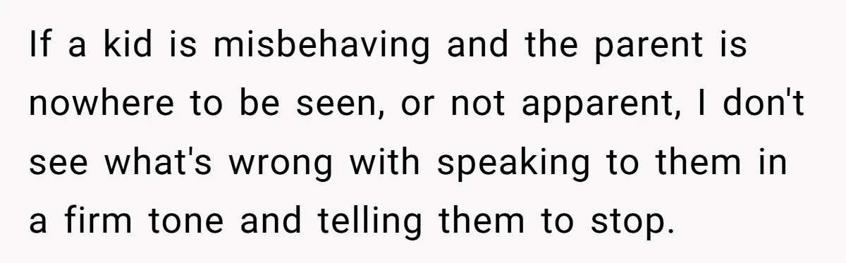 If a kid is misbehaving and the parent is nowhere to be seen, or not apparent, I don't see what's wrong with speaking to them in a firm tone and...