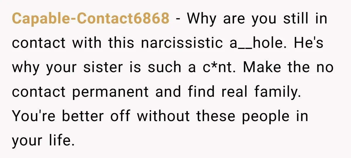 Capable-Contact6868 - Why are you still in contact with this narcissistic a__hole. He's why your sister is such a c*nt. Make the no contact permanent and find real family. You're...