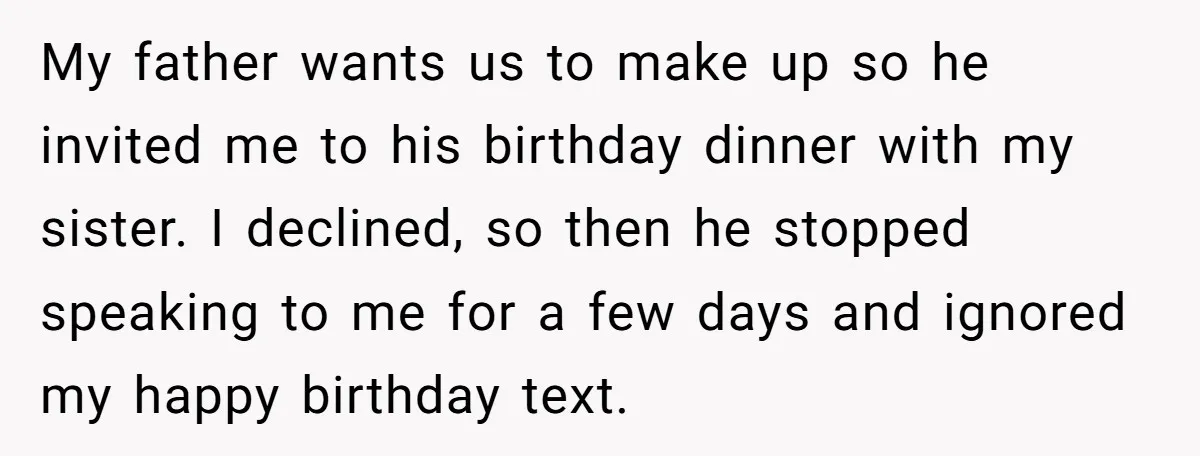 My father wants us to make up so he invited me to his birthday dinner with my sister. I declined, so then he stopped speaking to me for a few...