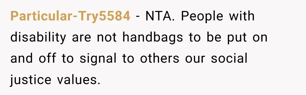 Particular-Try5584 − NTA. People with disability are not handbags to be put on and off to signal to others our social justice values.