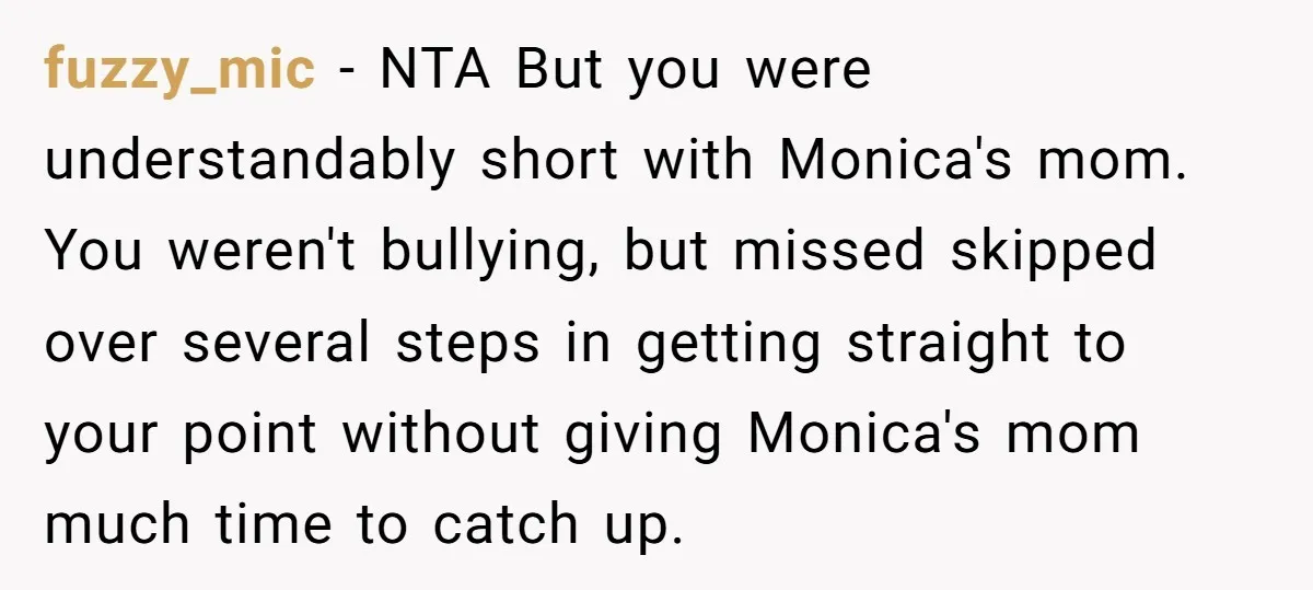 fuzzy_mic − NTA But you were understandably short with Monica's mom. You weren't bullying, but missed skipped over several steps in getting straight to your point without giving Monica's mom...