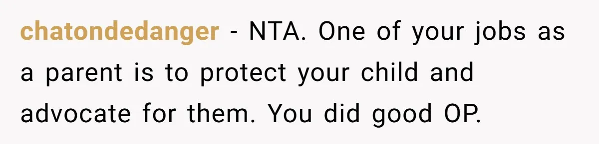 chatondedanger − NTA. One of your jobs as a parent is to protect your child and advocate for them. You did good OP.