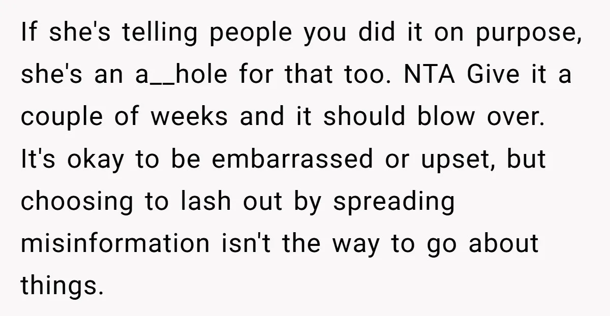 If she's telling people you did it on purpose, she's an a__hole for that too. NTA Give it a couple of weeks and it should blow over. It's okay to...