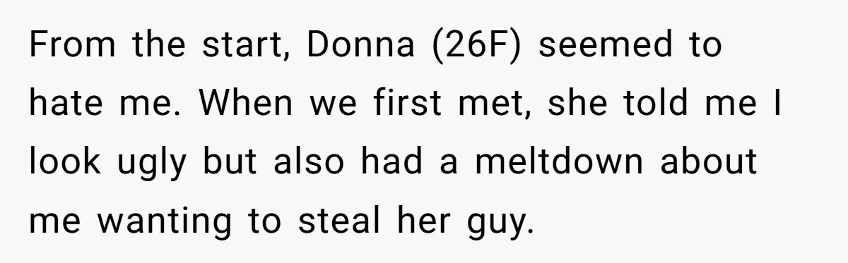 From the start, Donna (26F) seemed to hate me. When we first met, she told me I look ugly but also had a meltdown about me wanting to steal her...