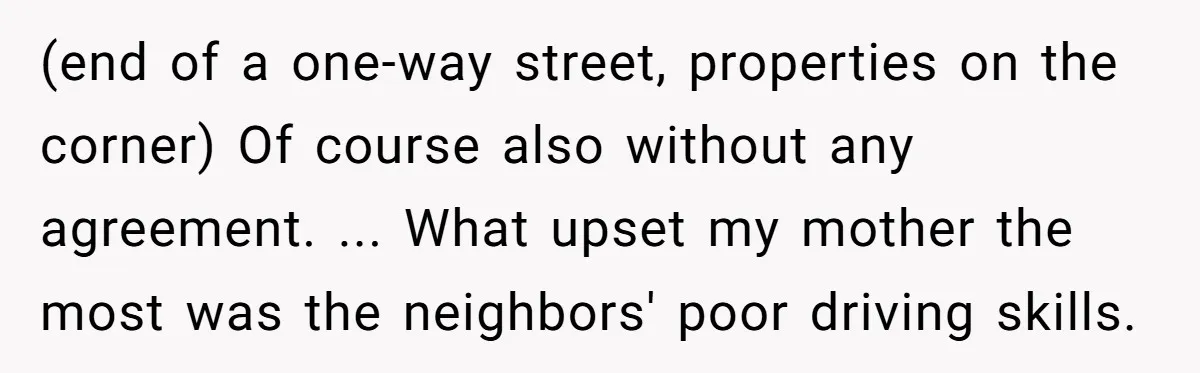 (end of a one-way street, properties on the corner) Of course also without any agreement. ... What upset my mother the most was the neighbors' poor driving skills.