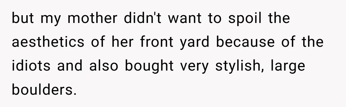 but my mother didn't want to spoil the aesthetics of her front yard because of the idiots and also bought very stylish, large boulders.