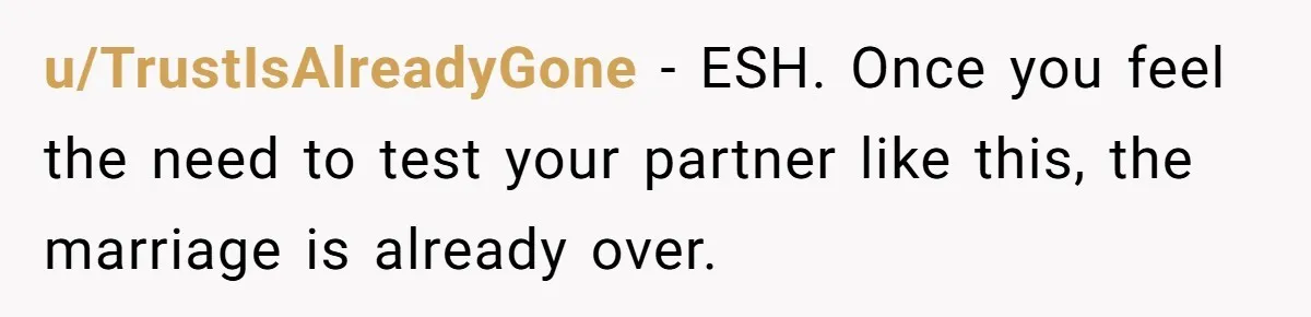 u/TrustIsAlreadyGone - ESH. Once you feel the need to test your partner like this, the marriage is already over.