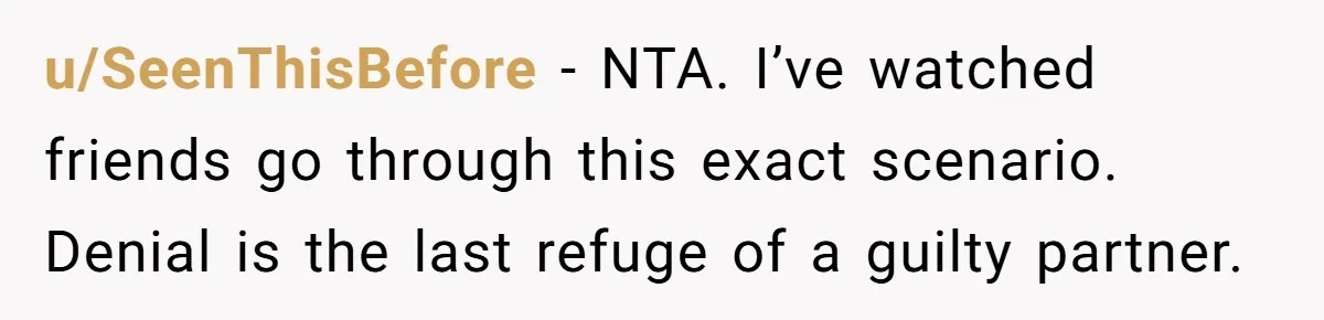 u/SeenThisBefore - NTA. I’ve watched friends go through this exact scenario. Denial is the last refuge of a guilty partner.