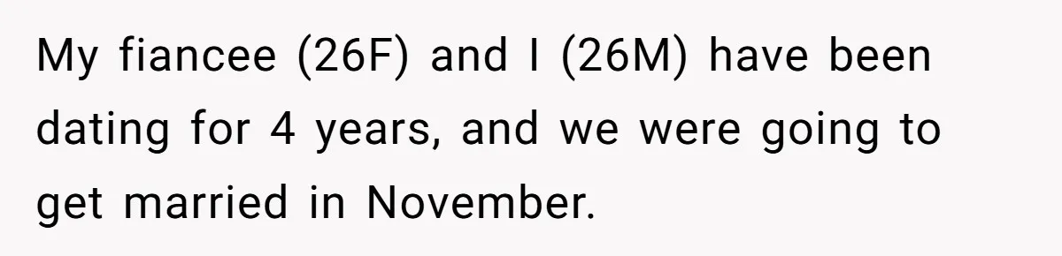My fiancee (26F) and I (26M) have been dating for 4 years, and we were going to get married in November.