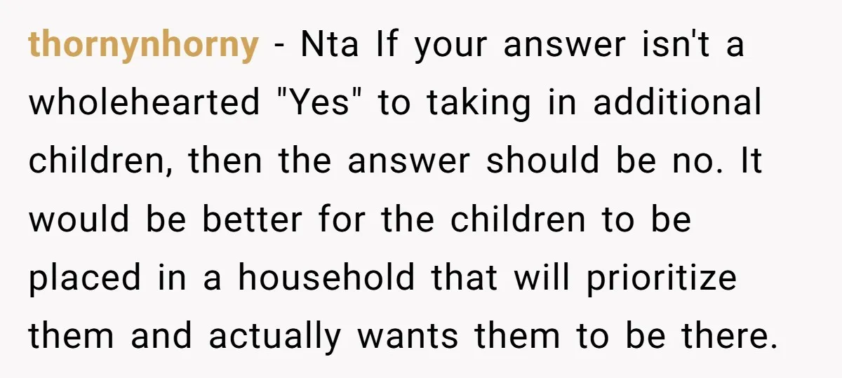 thornynhorny - Nta If your answer isn't a wholehearted "Yes" to taking in additional children, then the answer should be no. It would be better for the children to be...