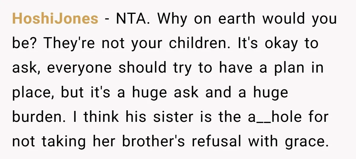 HoshiJones - NTA. Why on earth would you be? They're not your children. It's okay to ask, everyone should try to have a plan in place, but it's a huge...