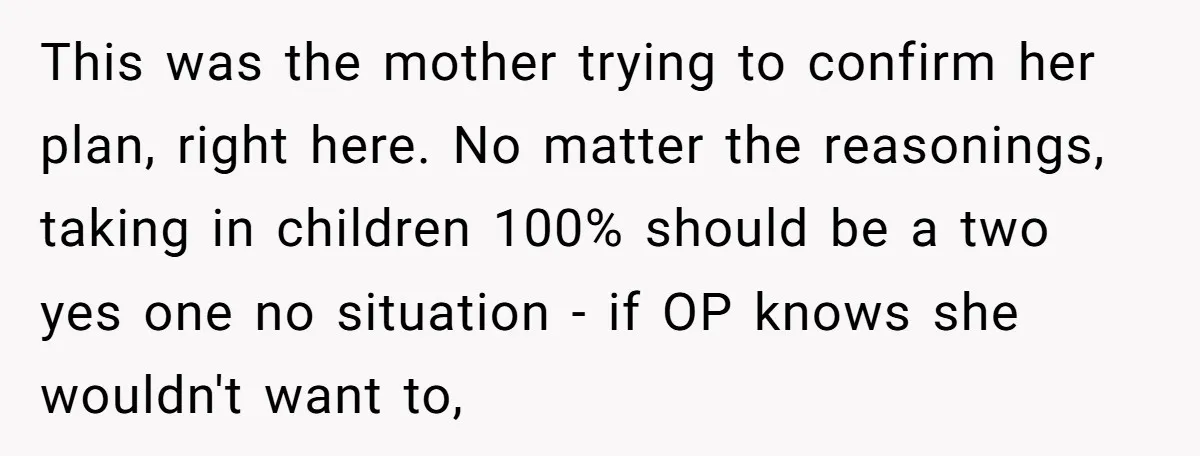 This was the mother trying to confirm her plan, right here. No matter the reasonings, taking in children 100% should be a two yes one no situation - if OP...