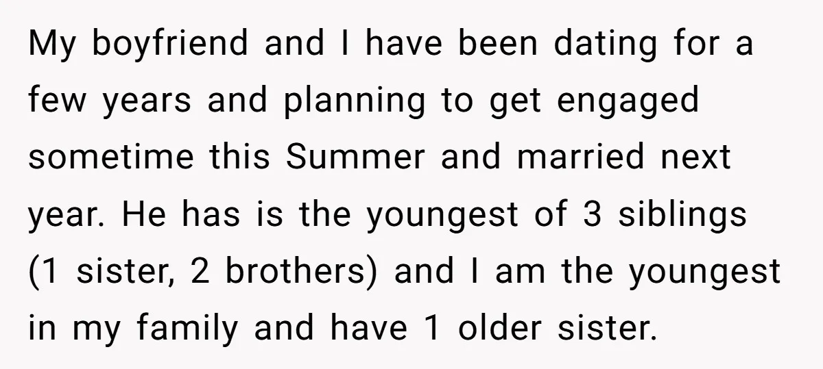 My boyfriend and I have been dating for a few years and planning to get engaged sometime this Summer and married next year. He has is the youngest of 3...