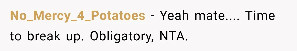No_Mercy_4_Potatoes − Yeah mate.... Time to break up. Obligatory, NTA.