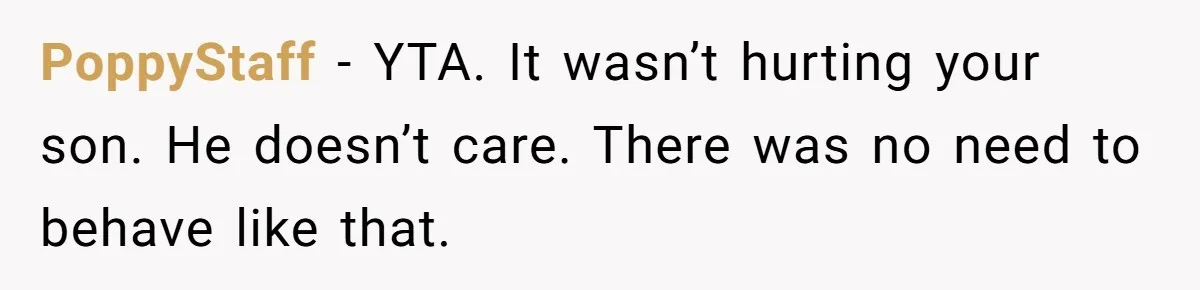 PoppyStaff - YTA. It wasn’t hurting your son. He doesn’t care. There was no need to behave like that.