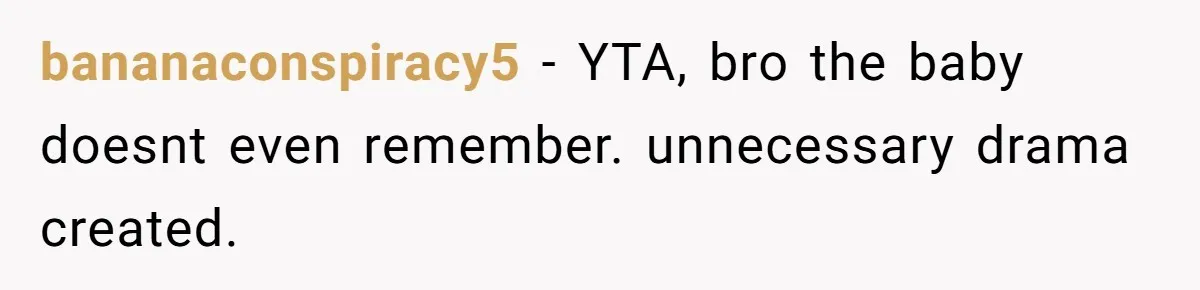 bananaconspiracy5 - YTA, bro the baby doesnt even remember. unnecessary drama created.