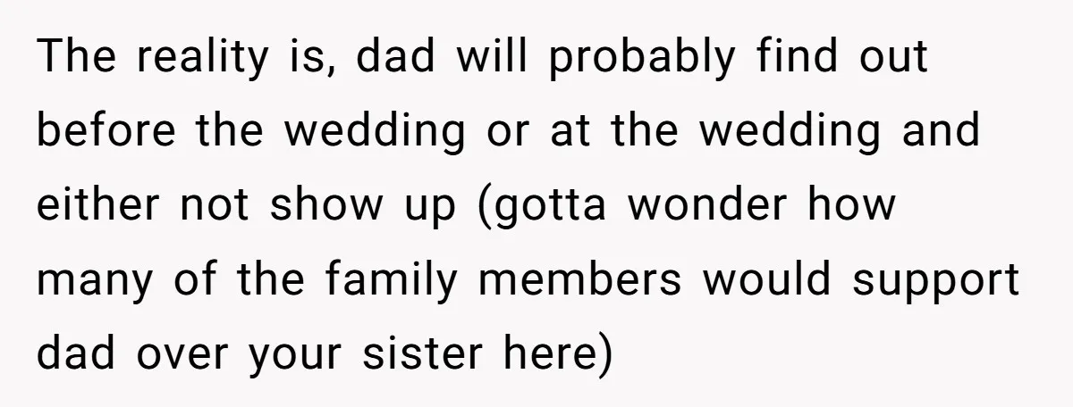 The reality is, dad will probably find out before the wedding or at the wedding and either not show up (gotta wonder how many of the family members would support...