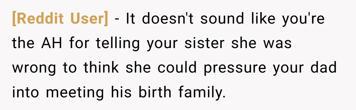 [Reddit User] − It doesn't sound like you're the AH for telling your sister she was wrong to think she could pressure your dad into meeting his birth family.
