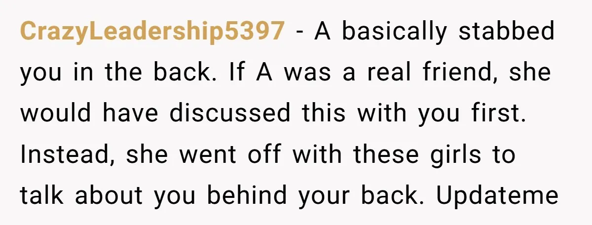 CrazyLeadership5397 − A basically stabbed you in the back. If A was a real friend, she would have discussed this with you first. Instead, she went off with these girls...