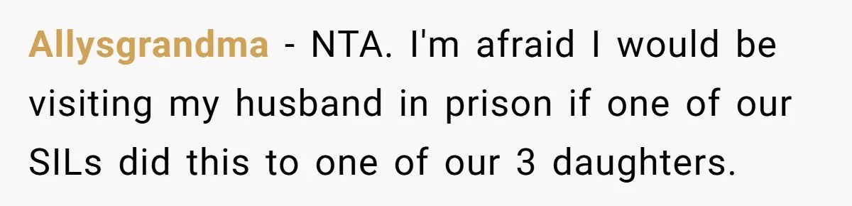 Allysgrandma − NTA. I'm afraid I would be visiting my husband in prison if one of our SILs did this to one of our 3 daughters.