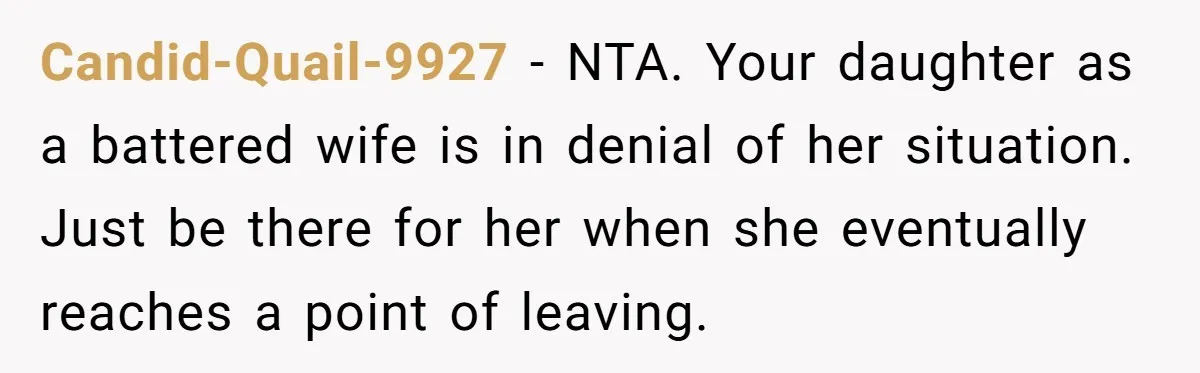Candid-Quail-9927 − NTA. Your daughter as a battered wife is in denial of her situation. Just be there for her when she eventually reaches a point of leaving.