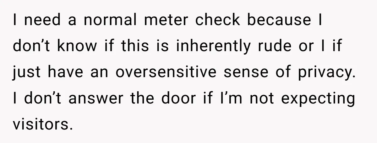 I need a normal meter check because I don’t know if this is inherently rude or I if just have an oversensitive sense of privacy. I don’t answer the door...