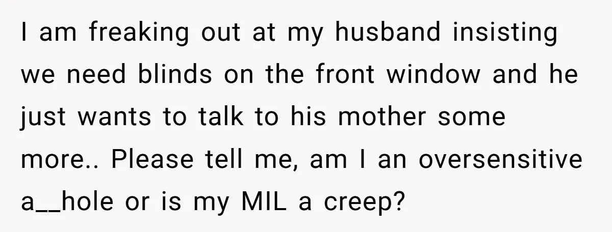 I am freaking out at my husband insisting we need blinds on the front window and he just wants to talk to his mother some more.. Please tell me, am...