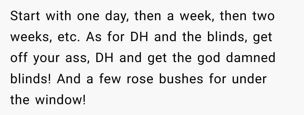 Start with one day, then a week, then two weeks, etc. As for DH and the blinds, get off your ass, DH and get the god damned blinds! And a...
